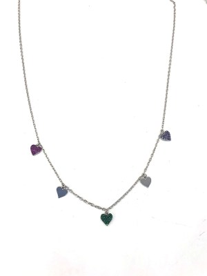 collana in argento rodiato con pendenti a cuore con zirconi colorati